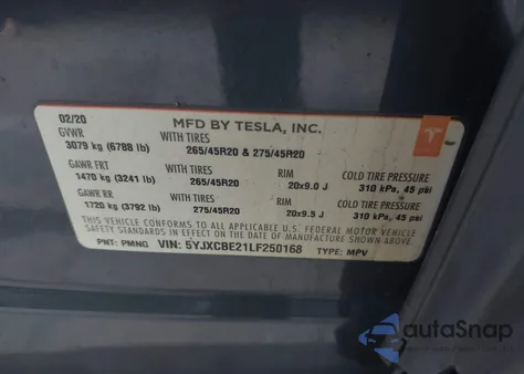 2020 Tesla Model X Long Range Dual Motor All-Wheel Drive/Long Range Plus Dual Motor All-Wheel Drive z USA, uszkodzony, nr VIN 5YJXCBE21LF250168